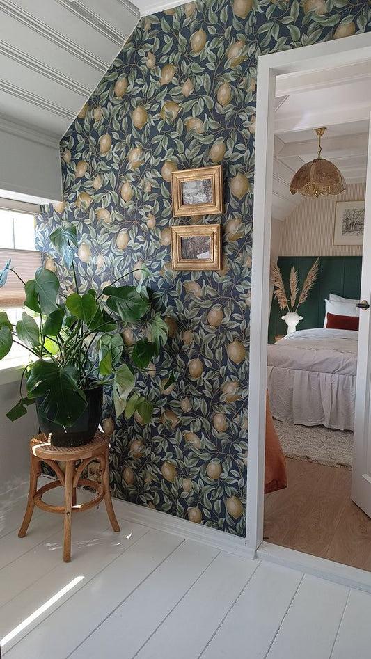 Lemon Trees Wallpaper - Olive Green - Summer Gray - Premier Wallcovering