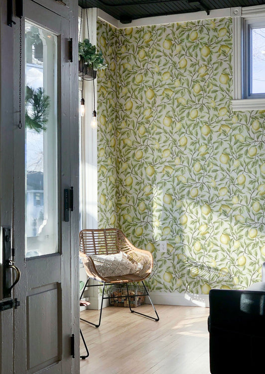 Lemon Trees Wallpaper - Tea green - Summer Gray - Premier Wallcovering