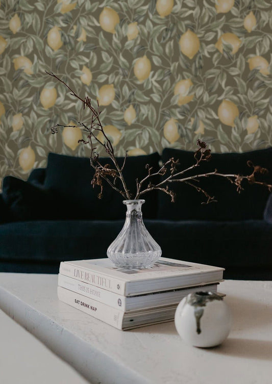 Lemon Trees Wallpaper - Sage Green - Summer Gray - Premier Wallcovering