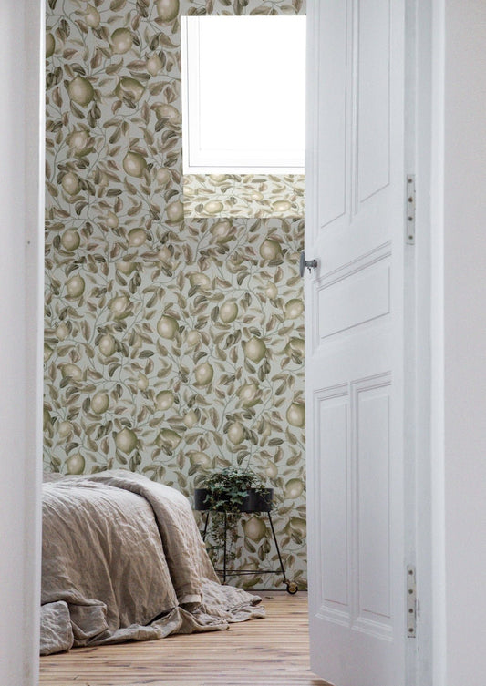 Lemon Trees Wallpaper - Seagrass Green - Summer Gray - Premier Wallcovering