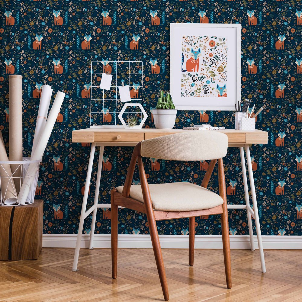 Let's Make A Den Wallpaper - Midnight Blue & Fox Orange - Lust Home - LH900176 - Premier Wallcovering