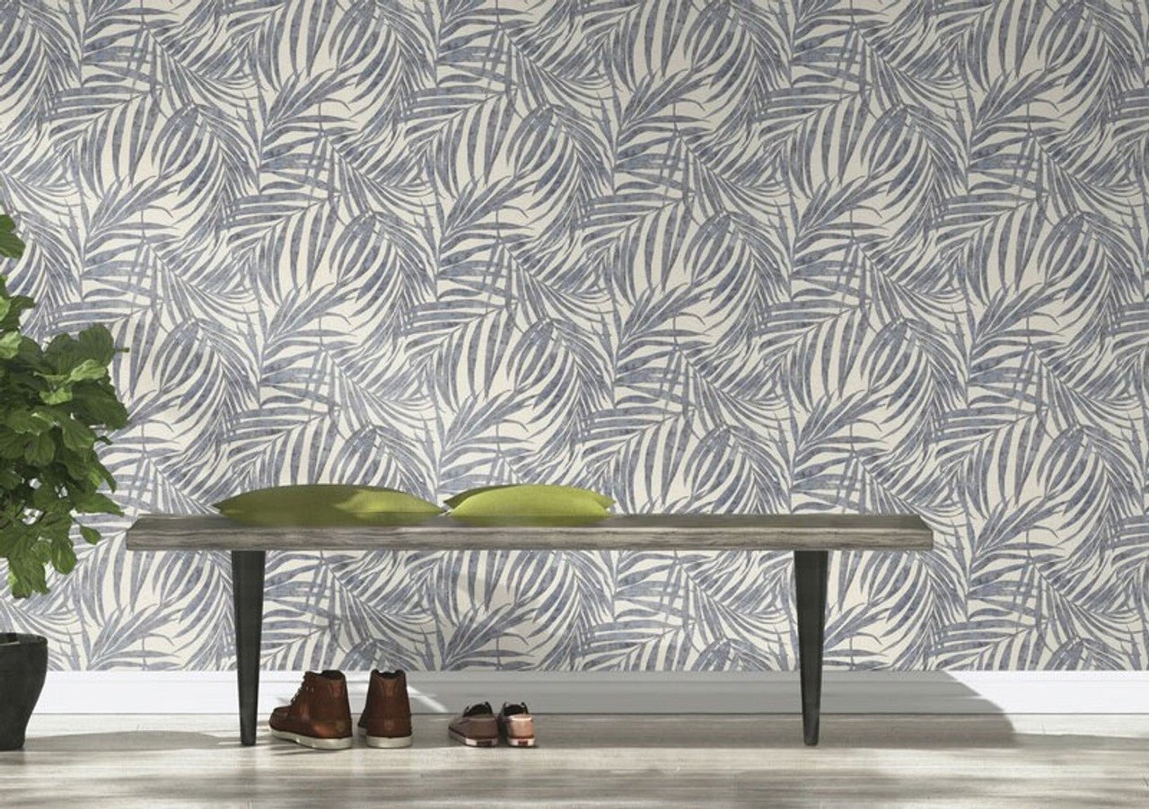 Linares Leaves Wallpaper - Denim Blue & Cream - Rasch - 617429 - Premier Wallcovering