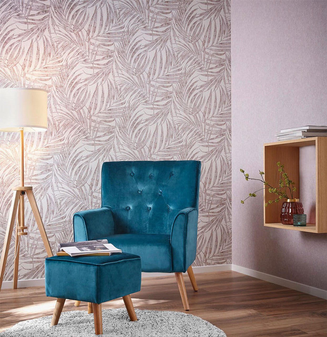 Linares Leaves Wallpaper - Pink/Grey & Cream - Rasch - 617436 - Premier Wallcovering
