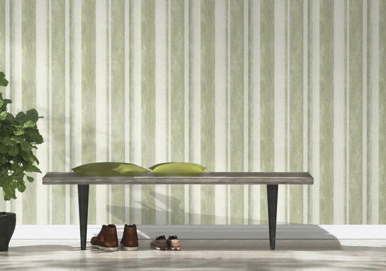 Linares Stripe Wallpaper - Green & Cream - Rasch - 617771 - Premier Wallcovering