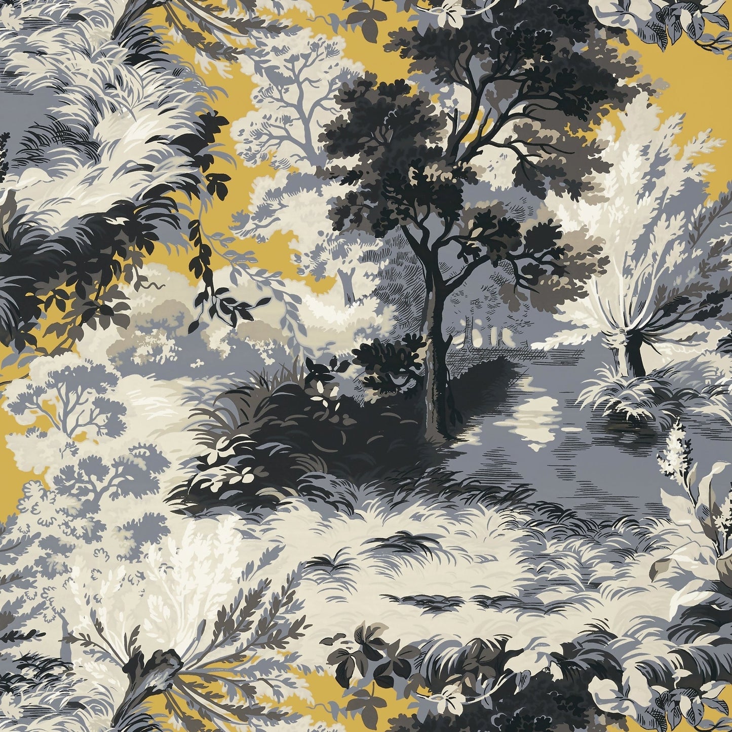 Lincoln Toile Wallpaper - Yellow & Grey - Thibaut - T10869 - Premier Wallcovering