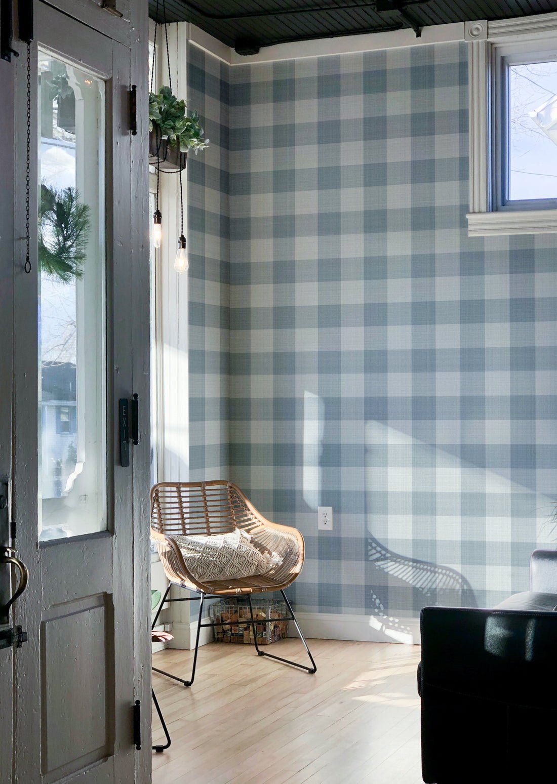 Linen Checks Wallpaper - Blue - Summer Gray - Premier Wallcovering