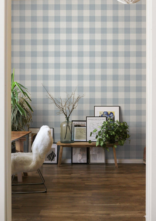 Linen Checks Wallpaper - Blue - Summer Gray - Premier Wallcovering