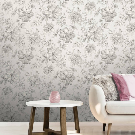 Lucia Floral Metallic Wallpaper - Silver/Grey - Crown - M1547 - Premier Wallcovering