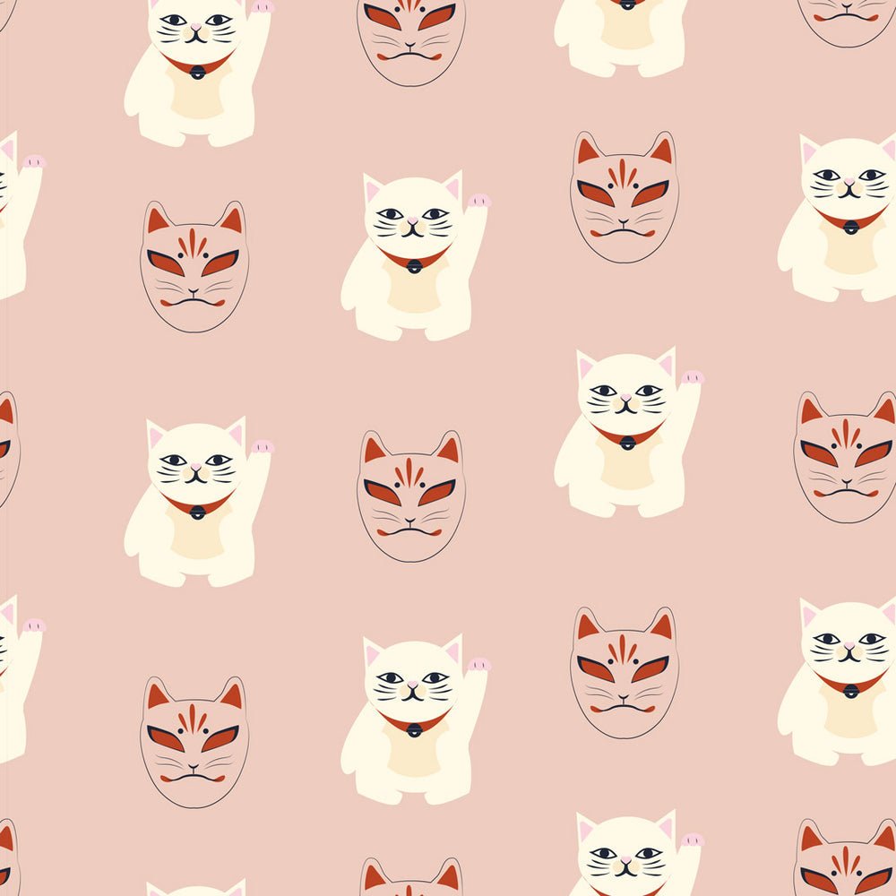 Lucky Cat Wallpaper - Dusty Pink, Red & Ivory - Lust Home - LH900391 - Premier Wallcovering