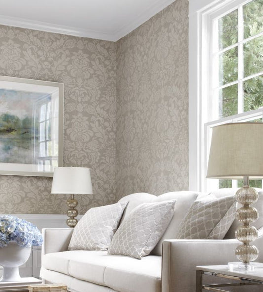 Lyndon Damask Wallpaper - Taupe - Thibaut - T10031 - Premier Wallcovering
