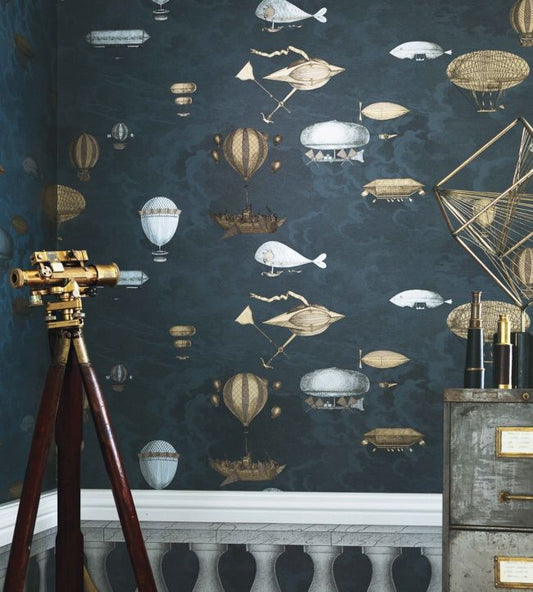 Macchine Volanti Wallpaper - Slate Blue & Metallics - 97/1002 - Cole & Son - Premier Wallcovering