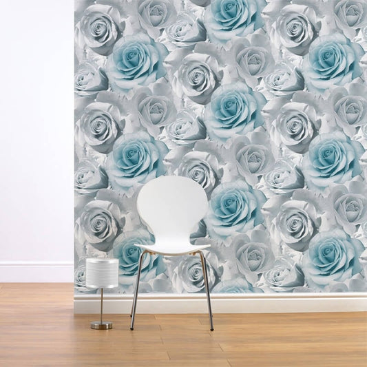 Madison Rose Floral Bloom Wallpaper - Blue - Muriva - 119503 - Premier Wallcovering