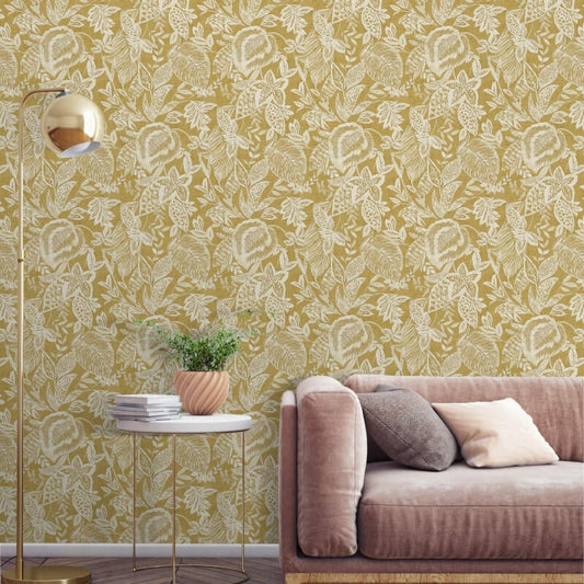 Mae Wild Leaves Wallpaper - Ochre - Grandeco - 171802 - Premier Wallcovering