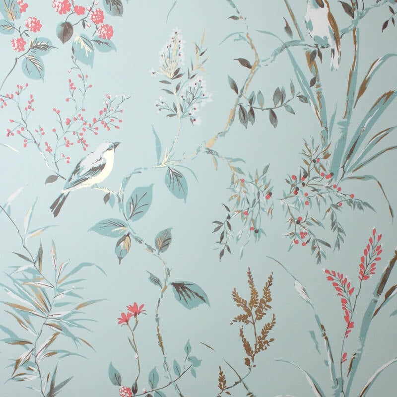 Mariko Floral Treebird Metallic Wallpaper - Blue - Crown - M1856 - Premier Wallcovering