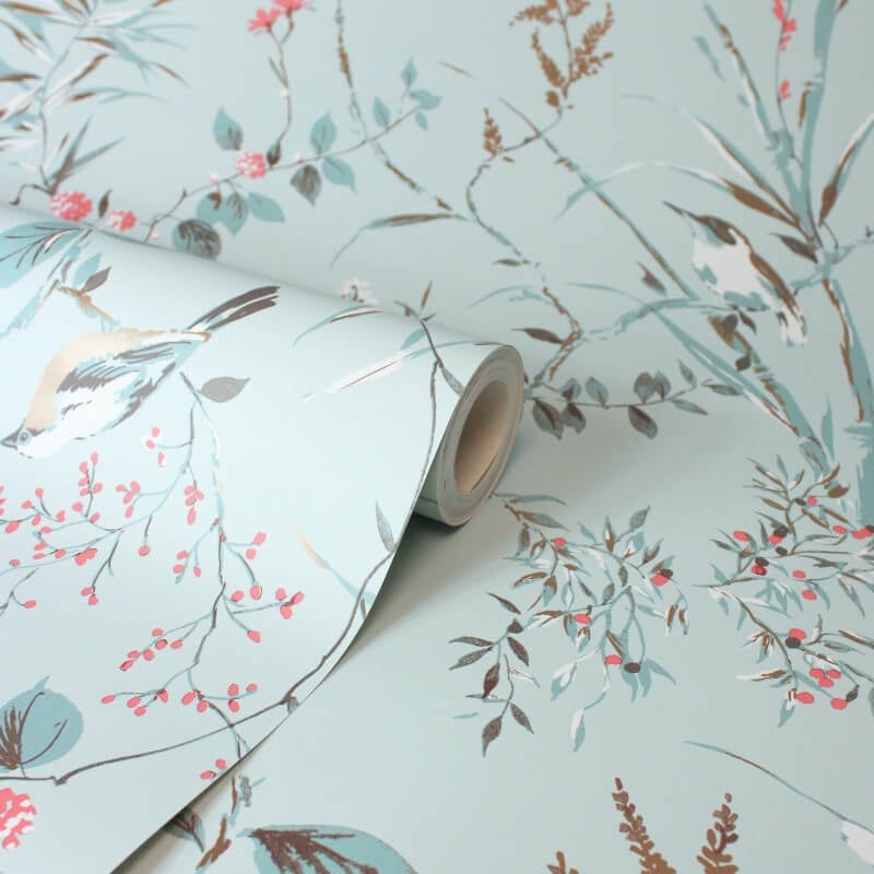 Mariko Floral Treebird Metallic Wallpaper - Blue - Crown - M1856 - Premier Wallcovering