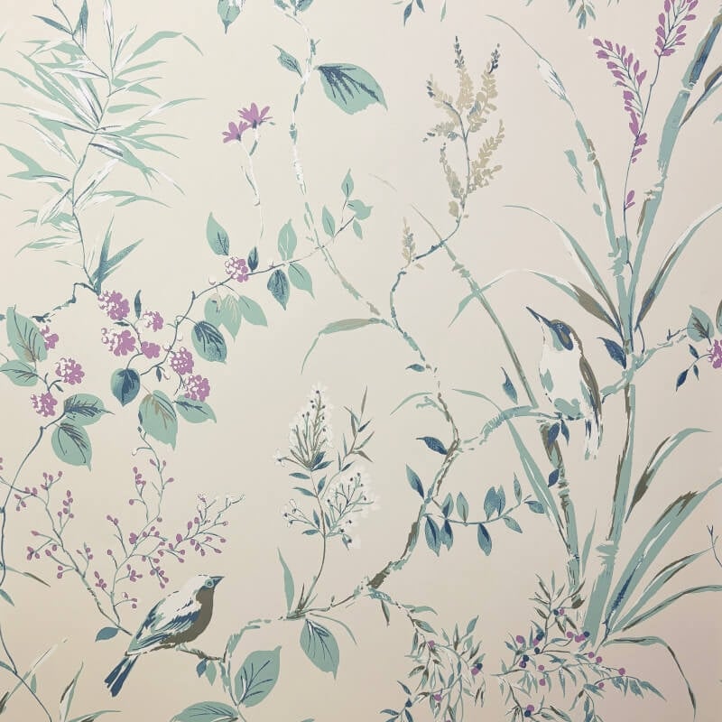 Mariko Floral Treebird Metallic Wallpaper - Teal/Plum - Crown - M1554 - Premier Wallcovering