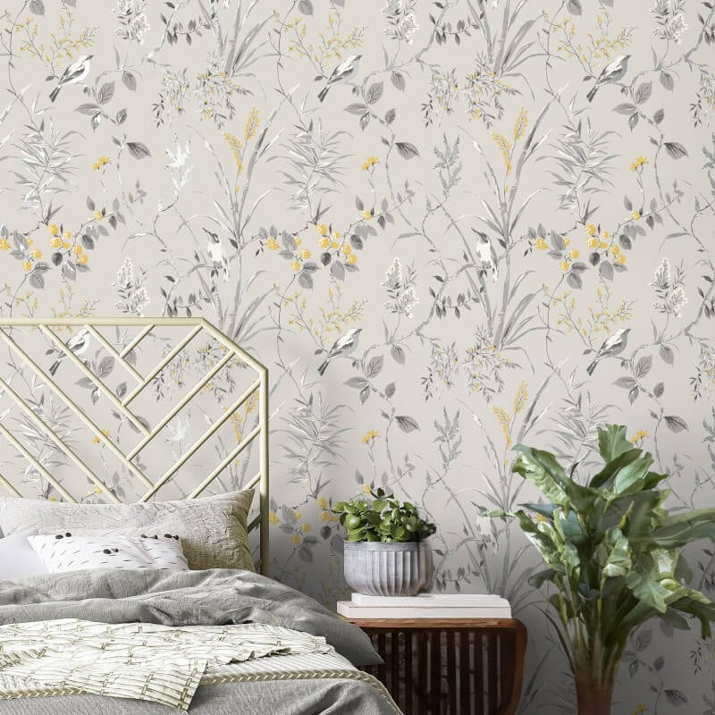 Mariko Floral Treebird Metallic Wallpaper - Grey/Yellow - Crown - M1551 - Premier Wallcovering