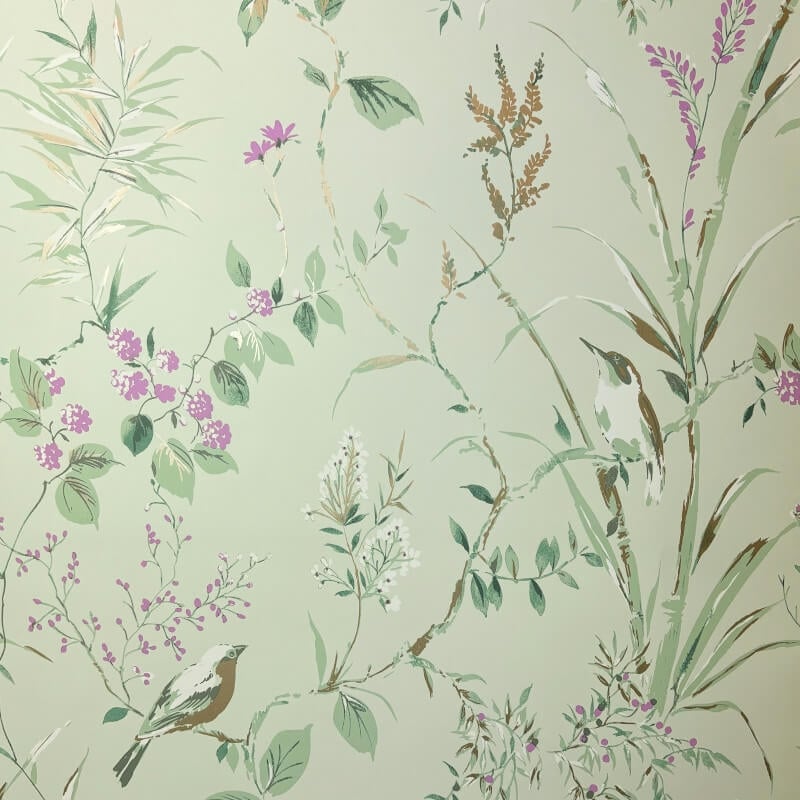 Mariko Floral Treebird Metallic Wallpaper - Mint/Plum - Crown - M1552 - Premier Wallcovering