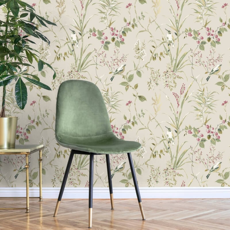 Mariko Floral Treebird Metallic Wallpaper - Natural - Crown - M1855 - Premier Wallcovering