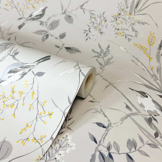 Mariko Floral Treebird Metallic Wallpaper - Grey/Yellow - Crown - M1551 - Premier Wallcovering