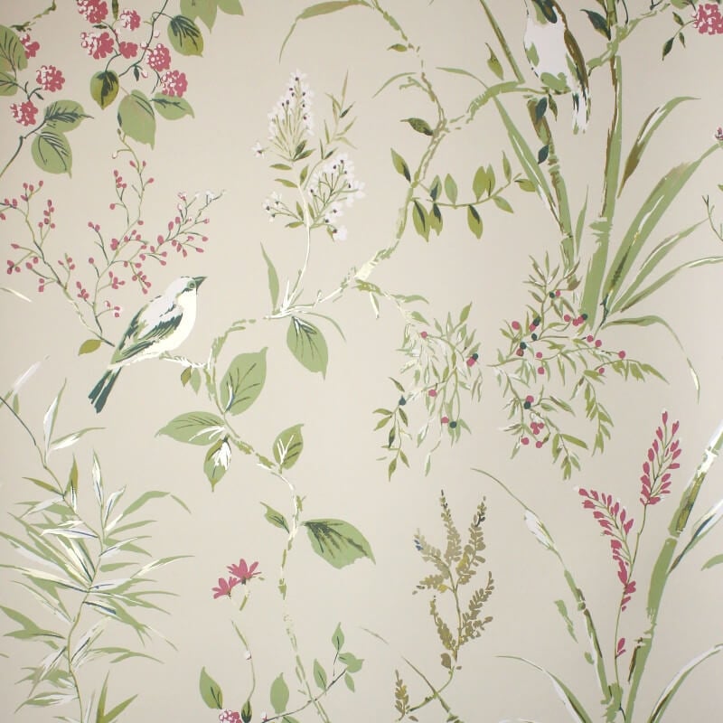 Mariko Floral Treebird Metallic Wallpaper - Natural - Crown - M1855 - Premier Wallcovering