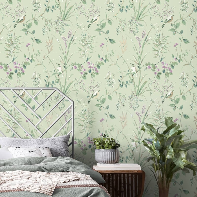 Mariko Floral Treebird Metallic Wallpaper - Mint/Plum - Crown - M1552 - Premier Wallcovering