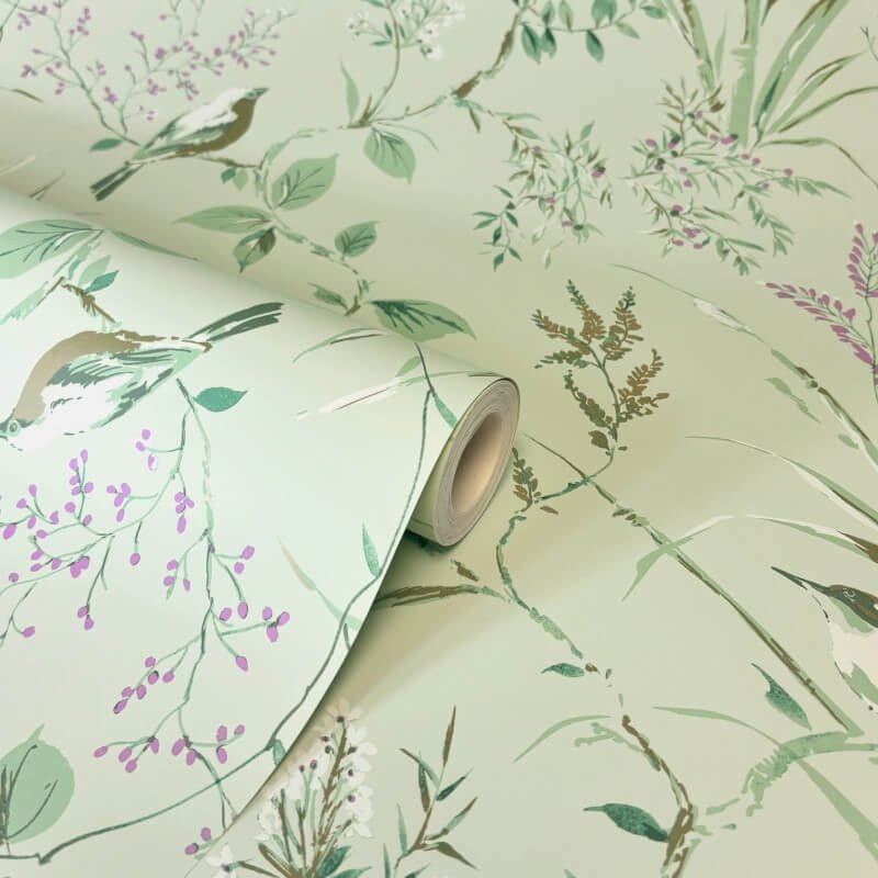 Mariko Floral Treebird Metallic Wallpaper - Mint/Plum - Crown - M1552 - Premier Wallcovering
