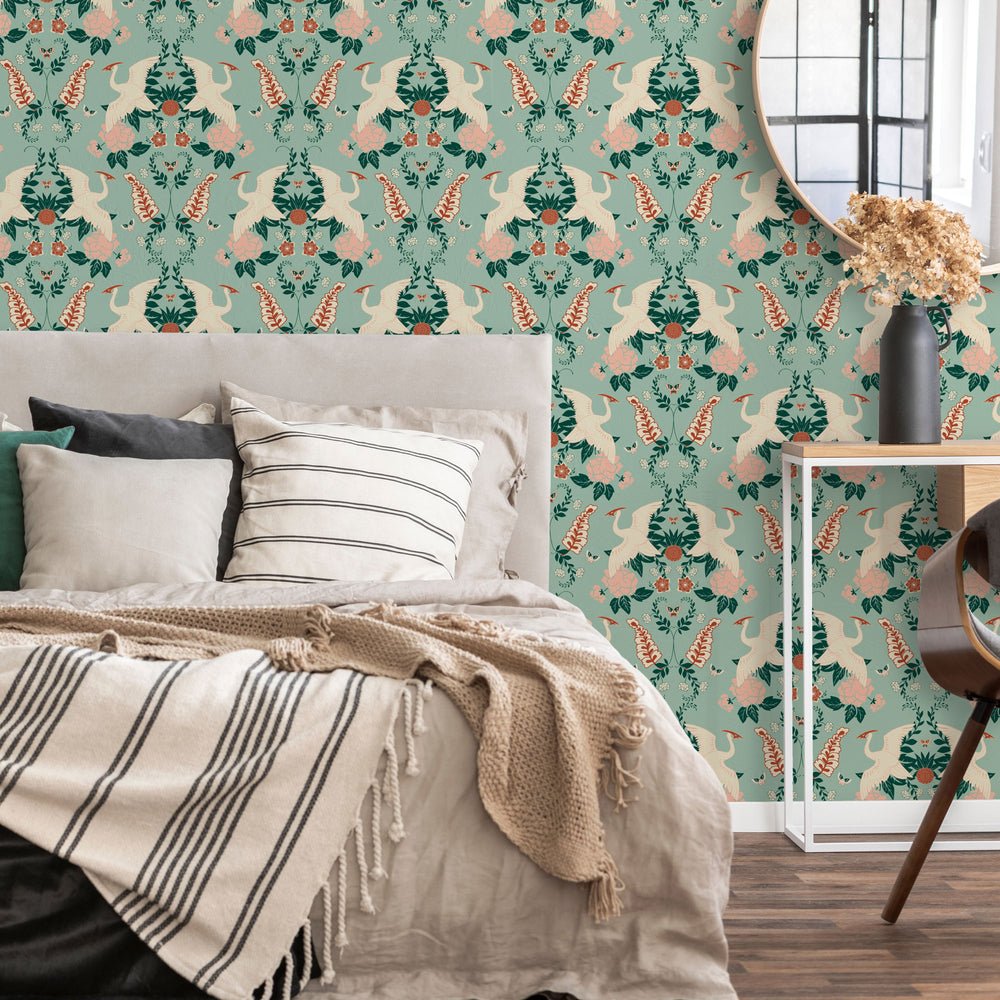 Master Crane Wallpaper - Duck Egg, Emerald Green, & Peony Pink - Lust Home - LH900129 - Premier Wallcovering