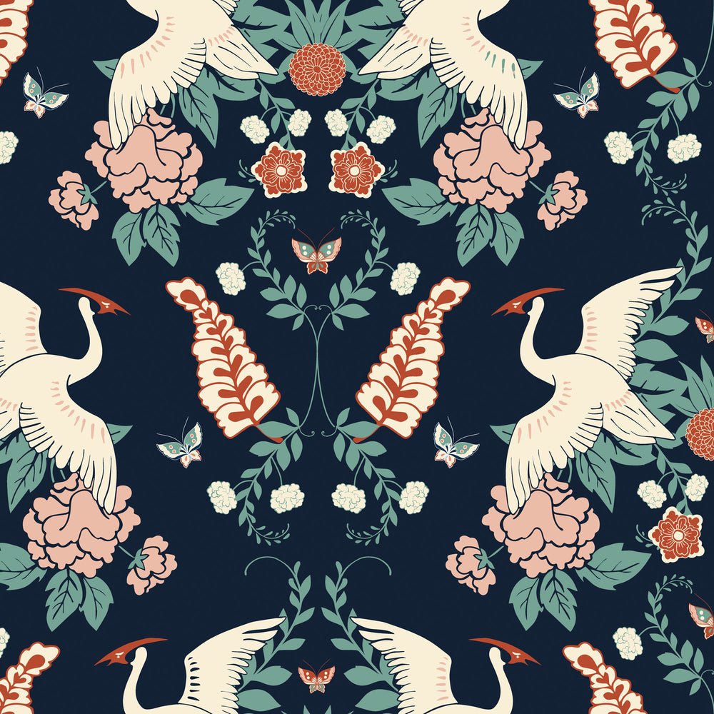 Master Crane Wallpaper - Oxford Blue, Duck Egg, & Peony Pink - Lust Home - LH900127 - Premier Wallcovering