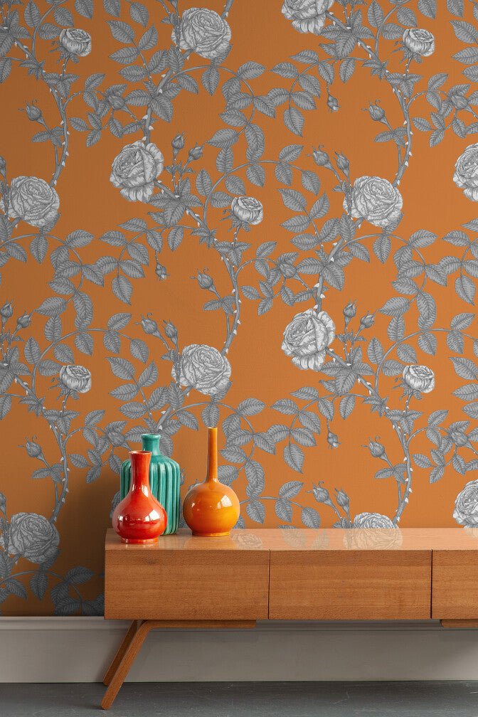 McGegan Rose Wallpaper - Greys on Orange - Timorous Beasties - HS/MCG/SMM/04 - Premier Wallcovering
