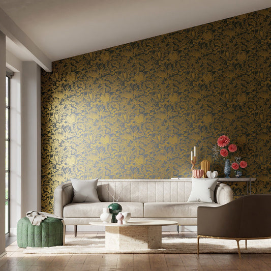Melograno Wallpaper - Gold/Wild Water - HQN3112926 - Harlequin - Premier Wallcovering