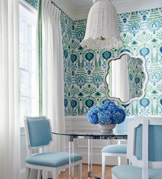 Mendoza Suzani Wallpaper - Blue & Green on Navy - Thibaut - T16241 - Premier Wallcovering