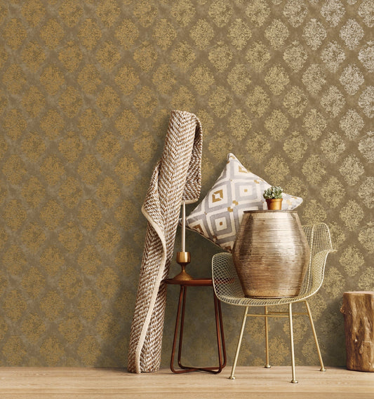 Metallic FX Damask Wallpaper - Gold - Galerie - W78225 - Premier Wallcovering