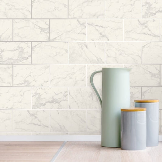 Metro Brick Marble Effect Metallic Wallpaper - Silver - Crown - M1509 - Premier Wallcovering