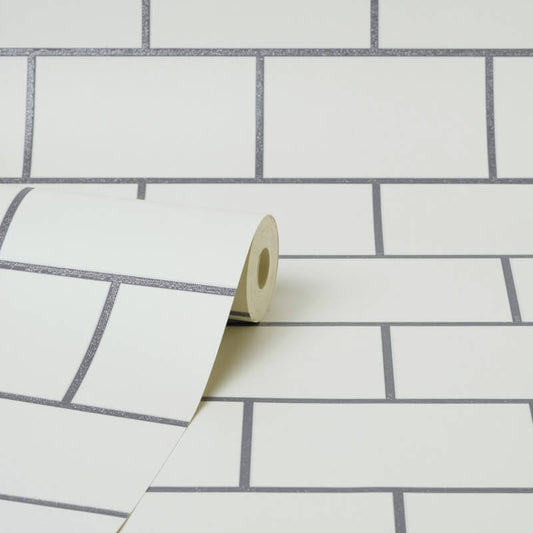 Metro Tile Metallic Wallpaper - White/Silver - Crown - M1634 - Premier Wallcovering