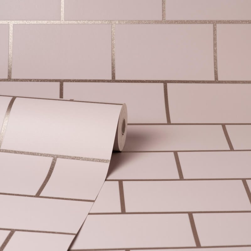 Metro Tile Metallic Wallpaper - Blush/Rose - Crown - M1635 - Premier Wallcovering