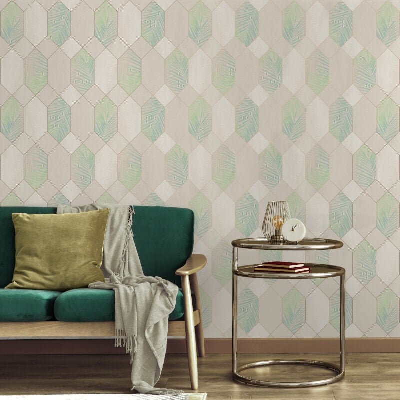 Miami Geo Metallic Wallpaper - Natural/Green - Fine Décor - FD42834 - Premier Wallcovering