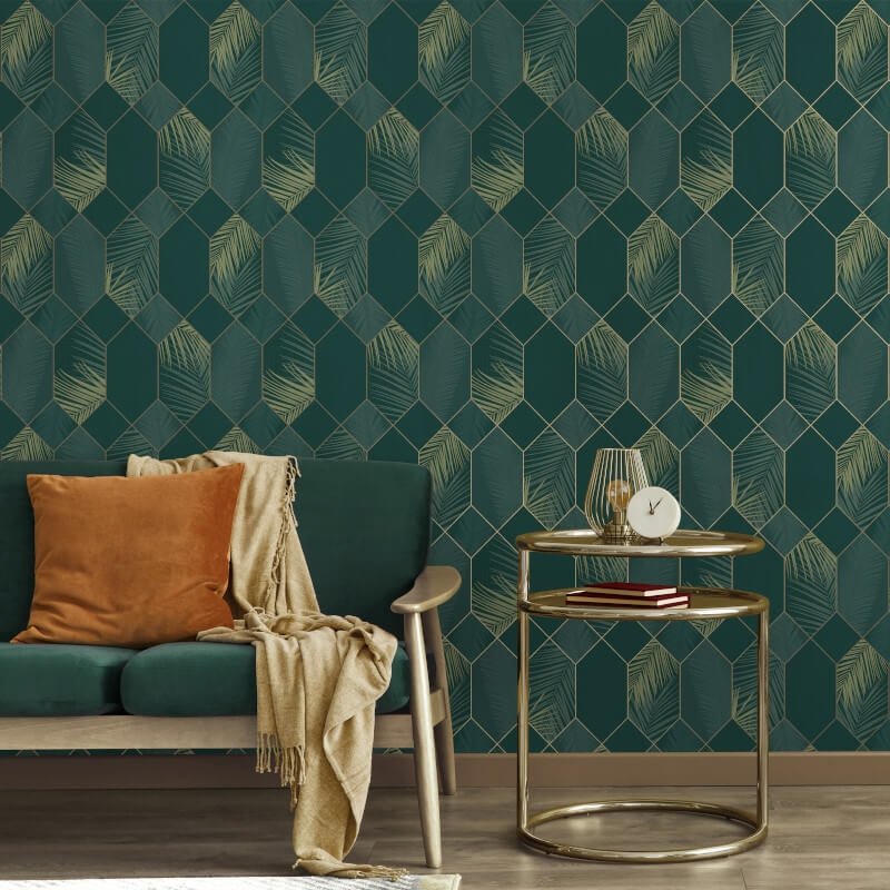 Miami Geo Metallic Wallpaper - Emerald/Gold - Fine Décor - FD42836 - Premier Wallcovering