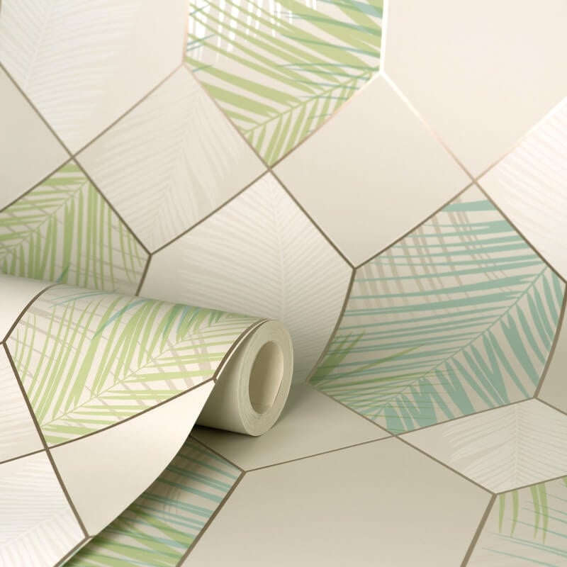 Miami Geo Metallic Wallpaper - Natural/Green - Fine Décor - FD42834 - Premier Wallcovering