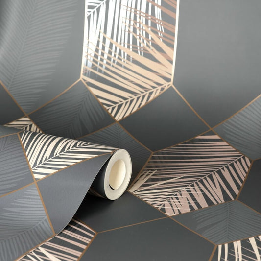 Miami Geo Metallic Wallpaper - Charcoal/Copper - Fine Décor - FD42833 - Premier Wallcovering