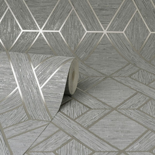 Miya Geometric Metallic Wallpaper - Grey - Fine Décor - FD43152 - Premier Wallcovering