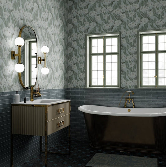 Monet Wallpaper - Olive and Nettle Green on Mineral - LAN100190 - Lucie Annabel - Premier Wallcovering