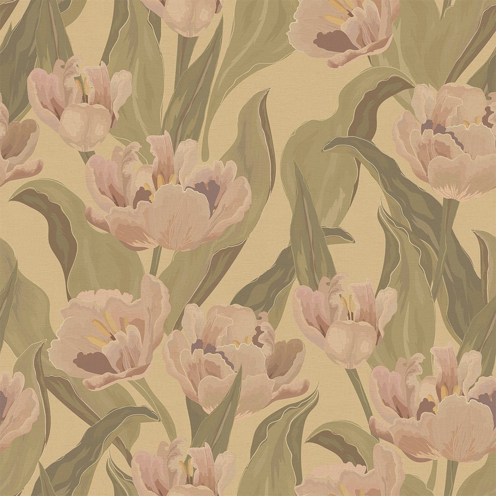Monet Wallpaper - Olive and Dusty Pink on Ochre - LAN100191 - Lucie Annabel - Premier Wallcovering