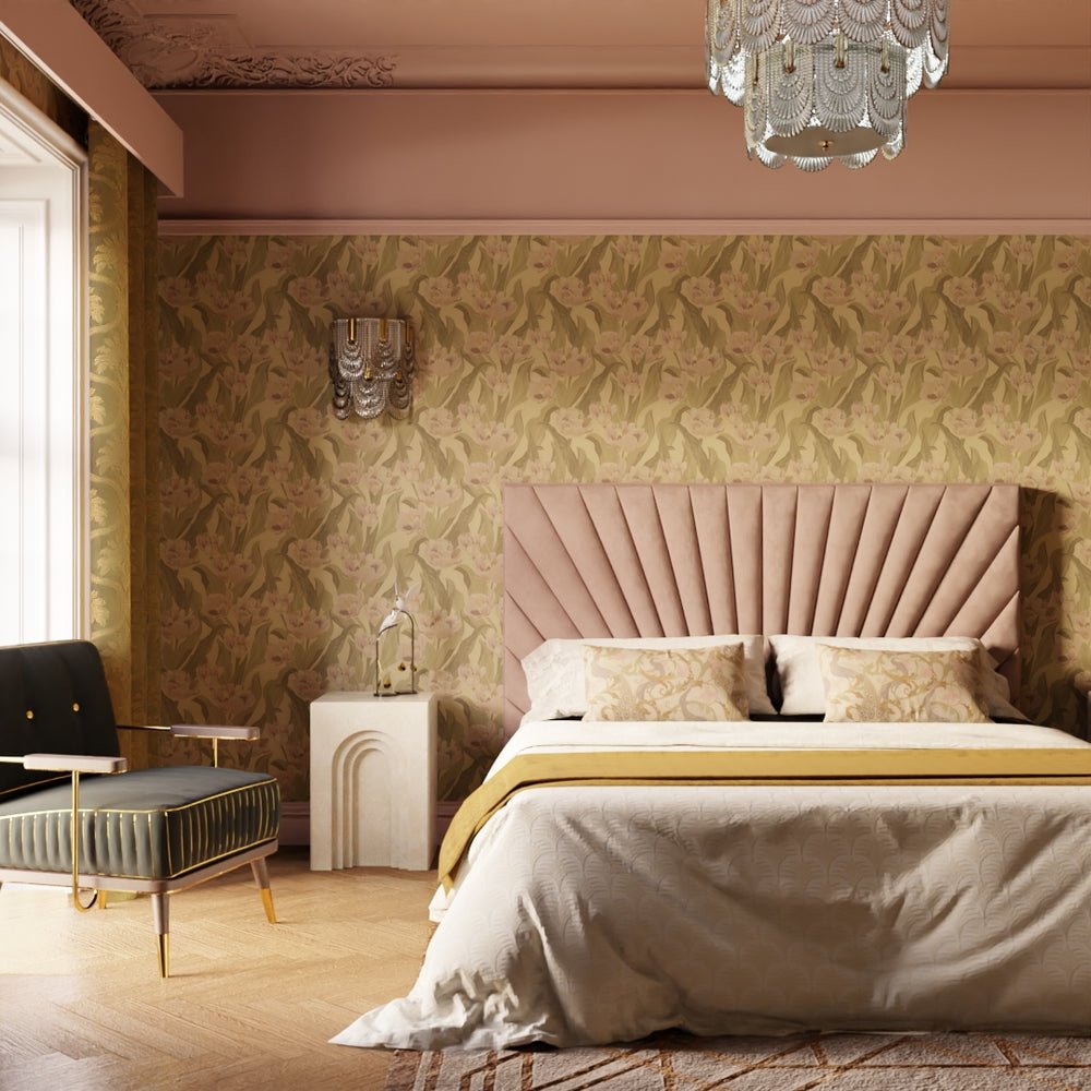 Monet Wallpaper - Olive and Dusty Pink on Ochre - LAN100191 - Lucie Annabel - Premier Wallcovering