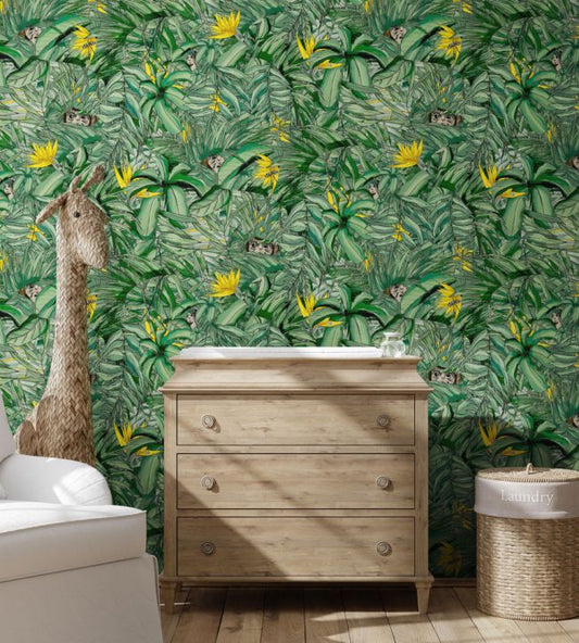 Monkey Forest Wallpaper - Dark Green & Yellow - Brand McKenzie - BMTD001/09B - Premier Wallcovering
