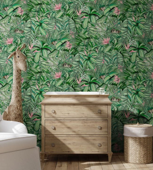 Monkey Forest Wallpaper - Dark Green & Pink - Brand McKenzie - BMTD001/09A - Premier Wallcovering