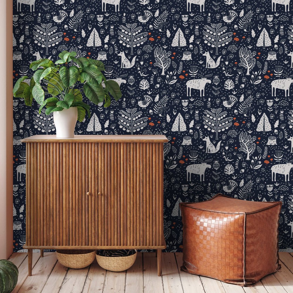 Moose in The Hoose Wallpaper - Midnight Navy & Crimson Accent - Lust Home - LH900043 - Premier Wallcovering