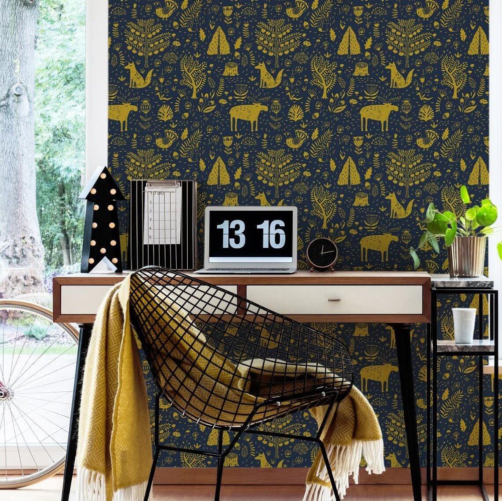 Moose in The Hoose Wallpaper - Midnight Blue & Mustard - Lust Home - LH900044 - Premier Wallcovering