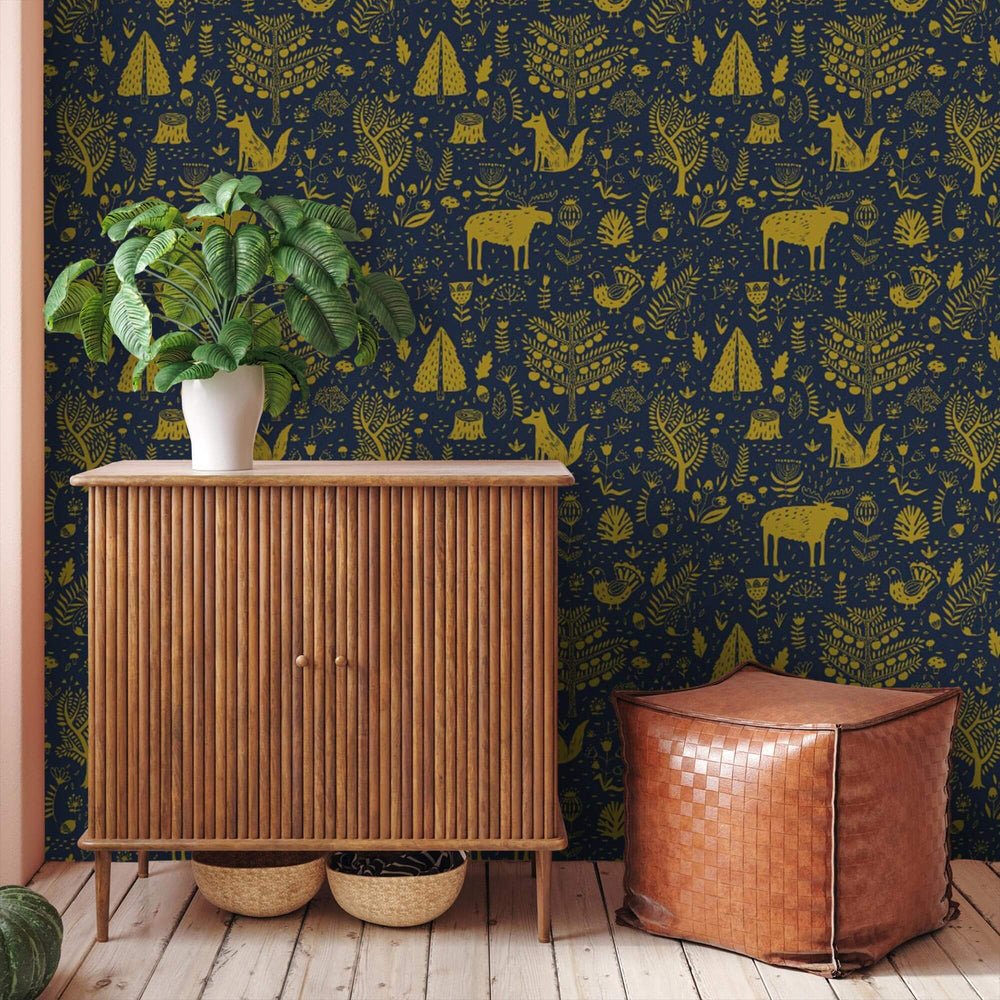 Moose in The Hoose Wallpaper - Midnight Blue & Mustard - Lust Home - LH900044 - Premier Wallcovering