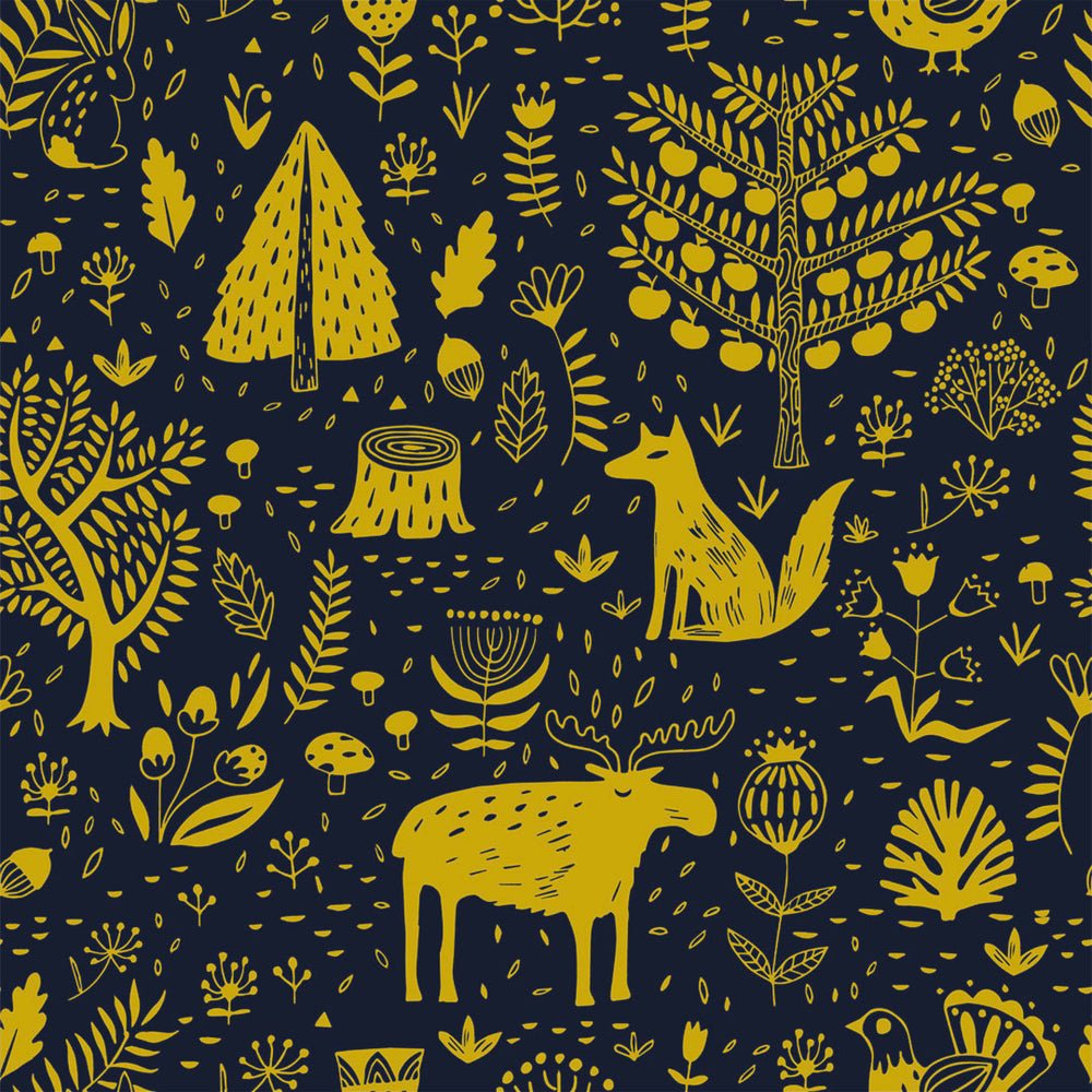 Moose in The Hoose Wallpaper - Midnight Blue & Mustard - Lust Home - LH900044 - Premier Wallcovering